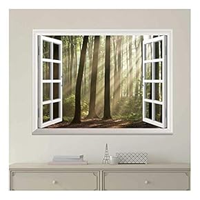 Modern White Window Looking Out Into a Foggy Forest with Rays Peeking Through - Wall Mural, Removable Sticker, Home Decor - 24x32 inches