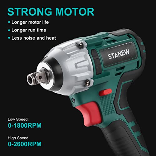 STANEW 320Nm Brushless Cordless Impact Wrench 20 V, Electric Impact Nutrunner with Two 3.0Ah Batteries, Adjustable Torque, Box with 49 Pieces Accessories
