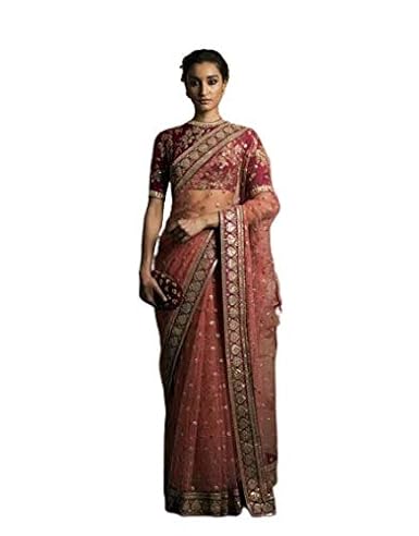 Womens Soft Net Embroidered Saree with Blouse (Dark Pink)