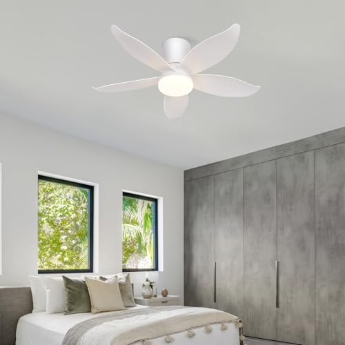 Homefire Ventilador de techo luz - Ventilador de techo silencioso con luz, 5 aspas, blanco, brillo ajustable, 6 velocidades