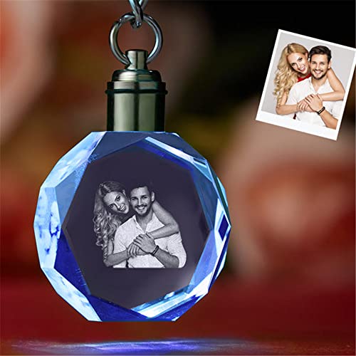 Crystal Keychain Photo Lighted Custom Crystal Picture Etched Key Chain Personaized 3D Laser Engraved Crystal Keyring Gift
