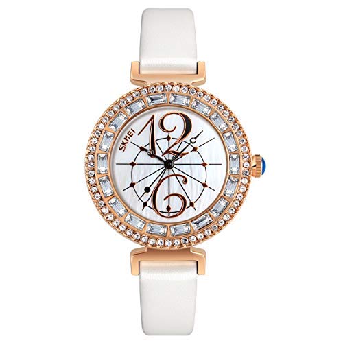 Skmei 9158 Luxury Diamond Branded Watch Beautiful Girls Fashion Casual Wristwatch White Leather Latest Design Women