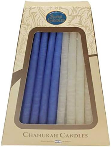 Hanukkah Candles - by Safed Candles, Handcrafted in Israel, Box of 45 - Fits Most Menorahs - Classic, Kosher, Dripless, Wax, for Chanukah (Half White and Half Blue)