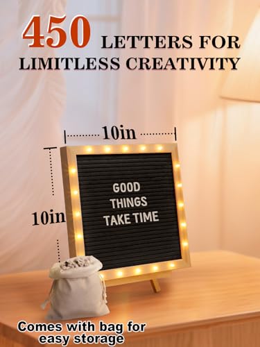 Changeable Felt Letter Board with LED Lights - 10×10" Message Custom Signs & Wood Stand& 450 Letters, Poster Board for Baby/Pregnancy Announcement/Classroom Wall Decor Gifts First Day of School, Black