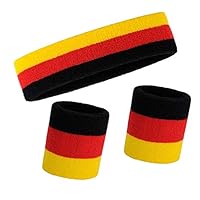 E-lishine Striped Sweatbands Set - (1 Headband and 2 Wristbands) Cotton Sweat Band for Athletic Men and Women (Black, Red and Yellow)