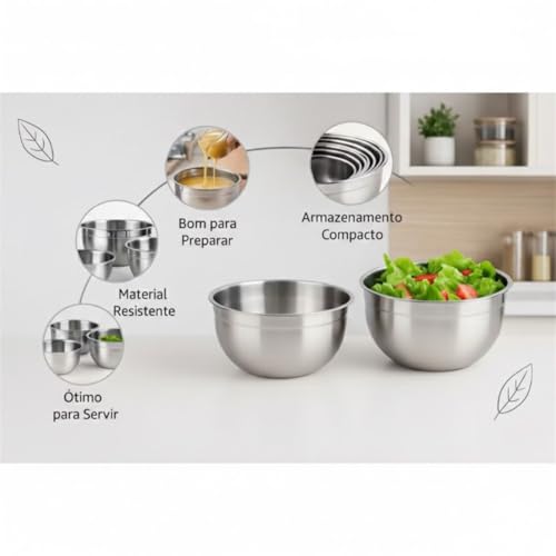 Conjunto 3 Tigelas Inox Premium 18cm 20cm 22cm – Bowls Aço Inoxidável Empilháveis Resistentes para Salada Massa Mistura Cozinha Profissional Durável