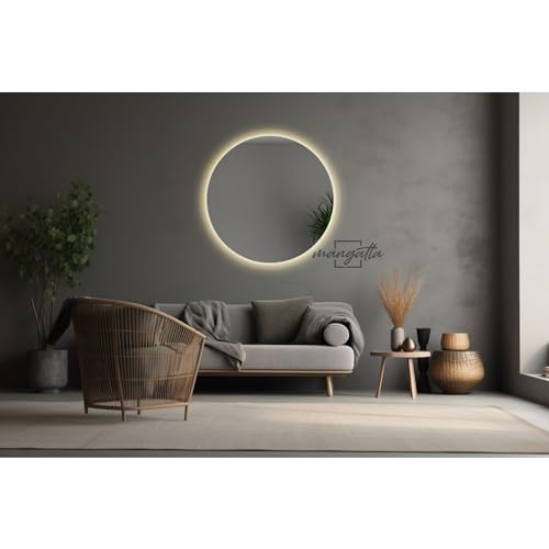 mangatta. Espejo Circular, luz LED cálida, Desde 50 hasta 120 cm de diámetro, 6 mm, Acabado en Canto Pulido, Soporte de Carga de Acero