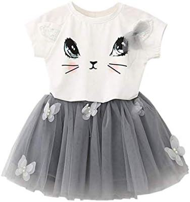 PaisDolaGirls Clothes Set Cat Pattern Tops T-Shirt + Butterfly Tutu Skirt for Kids 2-7 Years Old