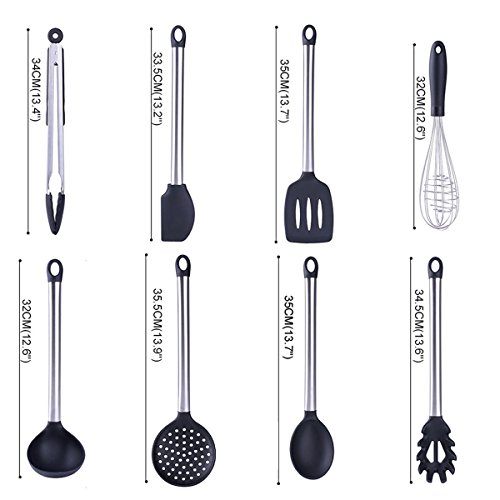 9 Silicone Cooking Utensils+ Holder- Tatufy Stainless Steel & Silicone Kitchen Utensils Set, Nonstick Non-Scratch Kitchen Tools- Tongs, 2 Spoon, Spatula Tools, Turner Slotted, Ladle, Strainer, Whisk - Thumbnail 4