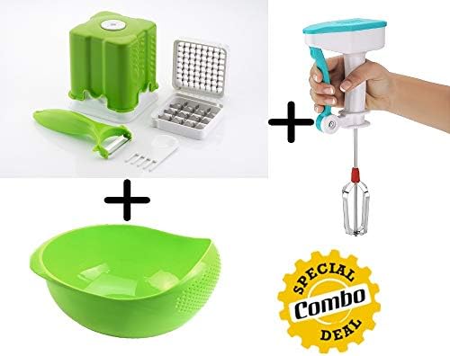 ANVEL 3 in1 Plastic Direct Push Function Stainless Steel Blade French Fries/ Finger Chips Cutter and Potato Chipser (Green)