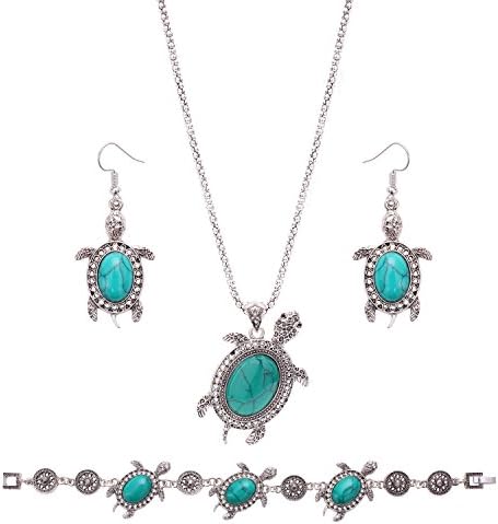 OUFO Women Fashion Turtles Style Turquoise Jewelry Elegant Bracelet Necklace Earring Ocean Fish Charm Sets (3155)