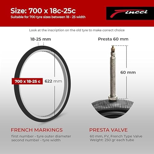 Fincci Racing Bike Tubes 700 x 18c x 23c x 25c, Pair of Inner Tube 28 Presta Valve 60 mm – for Electric Bike, Race Road Racing Tourism Cycle – Pack of 2 Accessories