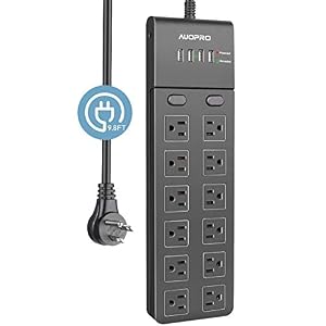 USB Power Strip Flat Plug, AUOPRO 12 Outlet Surge Protector with 4 USB, Grounded Desktop Extension Cord , 1050J, Dual…