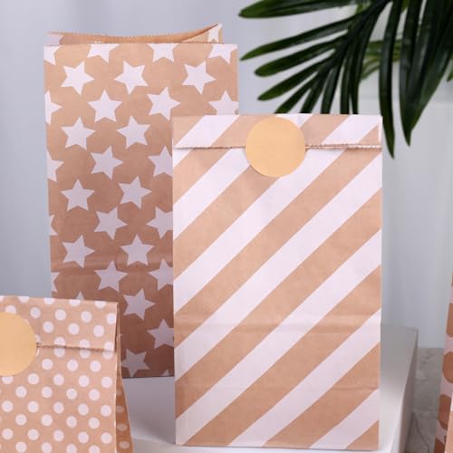 Shindel 54PCS Party Favor Bags, Goodie Bags with Stickers Polka Dot Striped Treat Bags Lunch Paper Bags for Birthday Wedding Party