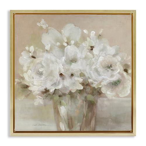 Stupell Industries Neutral White Flower Bundle Gold Framed Floater Canvas Wall…