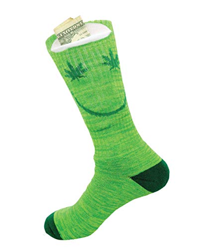 Weed Socks with Pocket by Sockaroo | for Men and Women | Stash your Wallet, Keys, Marijuana, Huf, Pot, Hemp, Pen or Pipe | (Green Smiley Face)