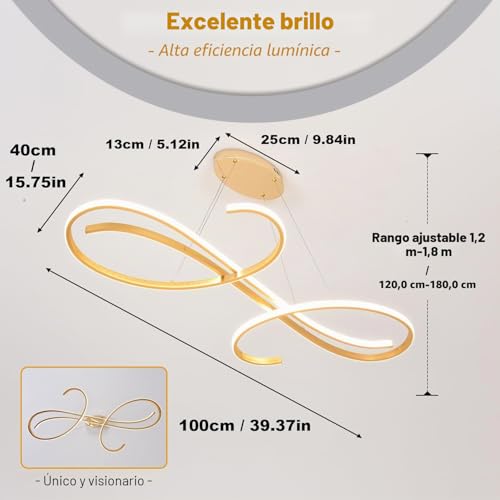 Gold LED Pendant Lamp for Dining Table, Modern Dimmable Dining Table Lamp, 100 cm Long LED Pendant Lamp, Modern Pendant Lamp with Remote Control, Adjustable Height