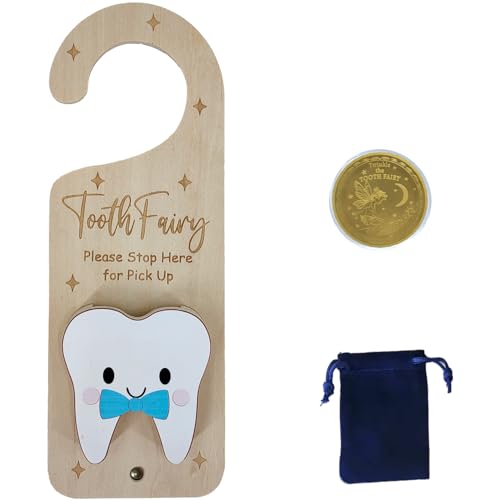 PAMBO Tooth Fairy Door Hanger, Wooden Tooth Fairy Money Holder with Tooth Coins for Lost Tooth Kids Gifts (Blue)