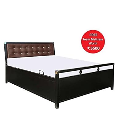 Royal interiors Queen Size Metal Bed with Foam Mattress and Hydraulic Storage (Matte Finish,Black)