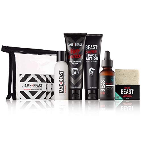 Men’s Grooming Travel Trial Starter Beard Set – All-in-1 Body Wash, Face Lotion, Nutt Butter Tingle Cream, Beard Oil, Bonus Samples – BBC Back Balls Chest Starter Kit by Tame the Beast