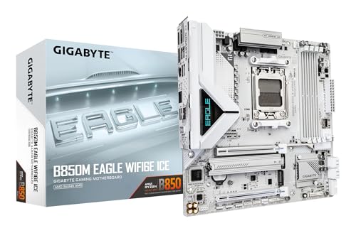 GIGABYTE B850M Eagle WIFI6E Ice Mainboard – Unterstuetzt AMD Ryzen 9000 Serie CPUs, digitales 8+2+2 Phasen VRM, bis zu 8200 MHz DDR5 (OC), 1 x PCIe 5.0 + 1 x PCIe 4.0 M.2, Wi-Fi 6E, 2.5 GbE LAN