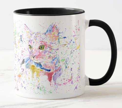 Vixar Cat Kitten Feline Pet Watercolour Rainbow Art Coloured Mug Cup Gift Birthday Work Office Christmas Tea Coffee (Black)