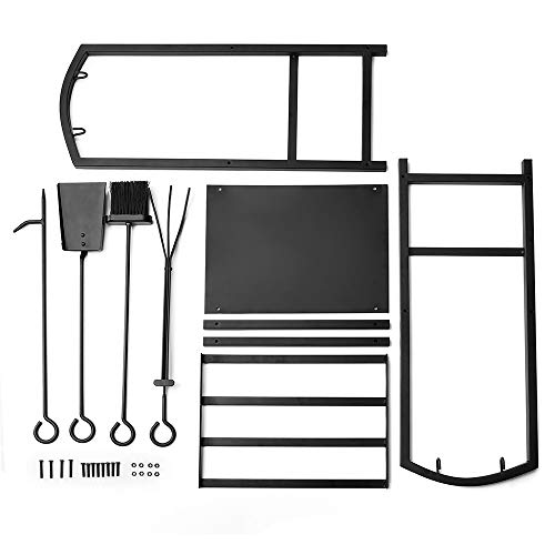 Syntrific Firewood Rack with 4 Fireplace Tools Fireplace Log Holder for Indoor and Outdoor Heavy Duty Steel Black Fireplace Log Rack Wrought Iron Logs Bin Holder for Fireplace Tool Set