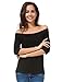 Women Cotton Three Quarter Sleeve Off Shoulder Slim T-Shirt Tops (M, Black)