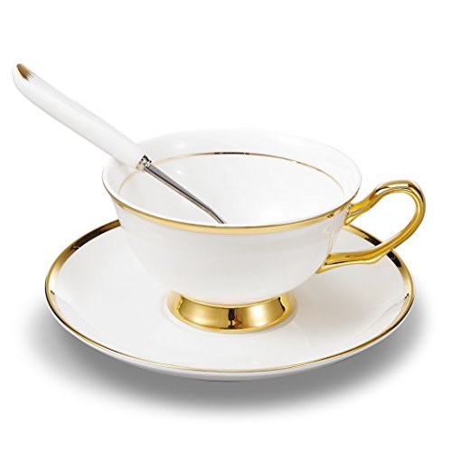 Panbado 3 Piece Bone China Tea Cup Saucer Set with Spoon Porcelain Gold Rimmed Teacup Coffee, 200ml, 6.8 oz., Ivory/Golden