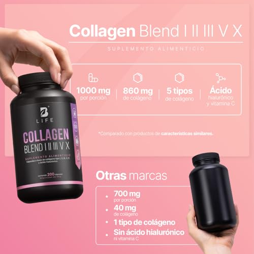 Colágeno Hidrolizado Tipo I, II, III, V y X | 200 Cápsulas 1000 mg por porción | Adicionado con Vitamina C y Ácido Hialurónico. Collagen Blend I, II, III, V X. B Life