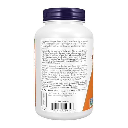 NOW Supplements| Activated Charcoal Made from Coconut Shells, 200 Veg Capsules | Carbón activado elaborado con cáscaras de coco, 200 cápsulas vegetales