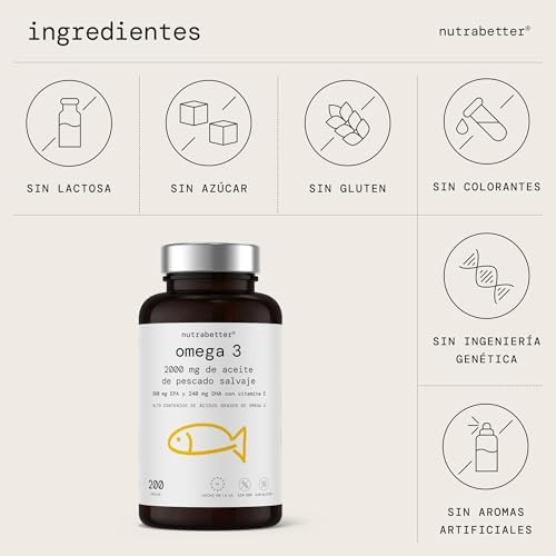 Omega 3 capsulas 2000mg | 200 Perlas | 600mg de Omega-3 puro + Vitamina E | Calidad Testada | Ácidos Grasos Omega 3 para Salud del Corazón, Cerebral y de la Presión Sanguínea | nutrabetter®