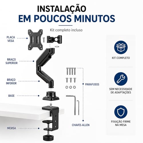 Suporte Articulado para Monitor com Pistão a Gás 10" a 35" | Braço Ergonômico de Mesa com Morsa | Ajuste de Altura, Inclinação 90° e Rotação 360° | VESA 75x75 e 100x100 | Suporta até 9kg