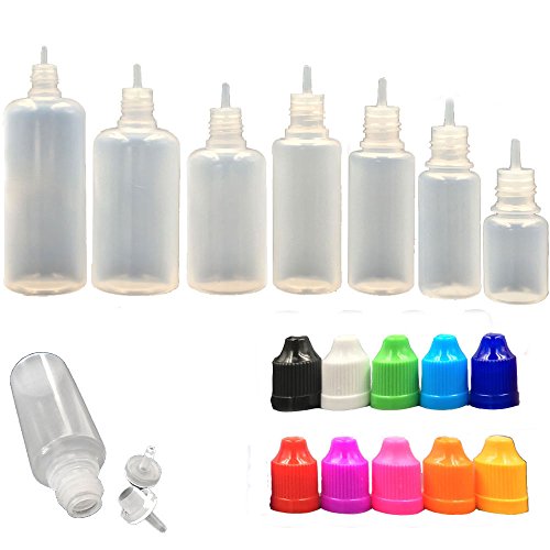 50 Pack x 10ml LDPE Empty Plastic Squeezable Liquid Juice Oil Eye Dropper Bottles Jars Containers with Funnels - Long Thin Tip - CRC Child Resistant Cap(Bottles + Black Color Caps + Tips)