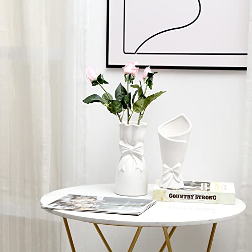 White Ceramic Vase Set of 2, ViViTOP Small White Vase in Bulk for Flower, Boho Vase Centerpiece for Table, Mini Pampass Grass Decor Unique Vase Fit for Wedding Decorations Room Office Home Decor