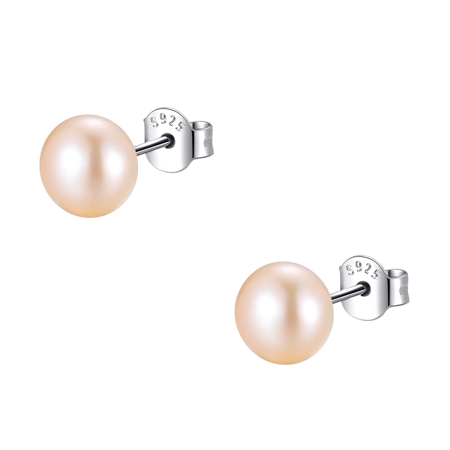 6MM Natural Freshwater Cultured Pink Pearl Stud Earrings for Women 925 Sterling Silver Button Flat Pearl Earrings