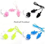 Odowalker Swimming Earplugs with Cord Waterproof Silica Gel Silicone Anti-lost Swim Ear Plugs and Nose Clips Clamp Cover,Pack of 4 Colors with 4 Cases