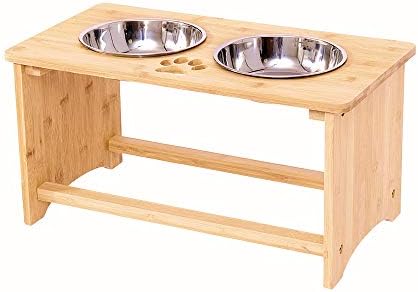 Raised Pet Bowls for Lagre Dogs, Bamboo Elevated Dog Bowls Cat Dishes for Food and Water Raised, Pet Food Stand with 2 Stainless Steel Bowls and Anti Slip Feet (Medium 10″ H)