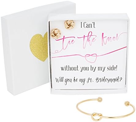 Bridesmaids Gifts - Tie the Knot Jr. Bridesmaid Proposal Bracelet & Earring Gift Set, Adjustable Love Knot Bracelet w/ Matching Earrings Gift Box
