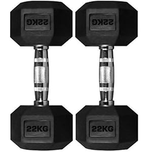 TNP Accessories Rubber Hex Dumbbell 2 x 22kg = 44KG Hexa Weight Solid Chrome Dumbbells Set