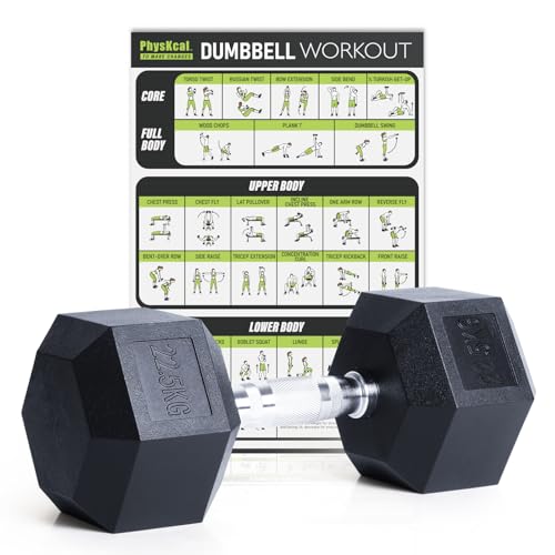 PhysKcal 1 Stück 22,5 kg Hexagon Hanteln Poly-Gummierte Kurzhantel-Set
