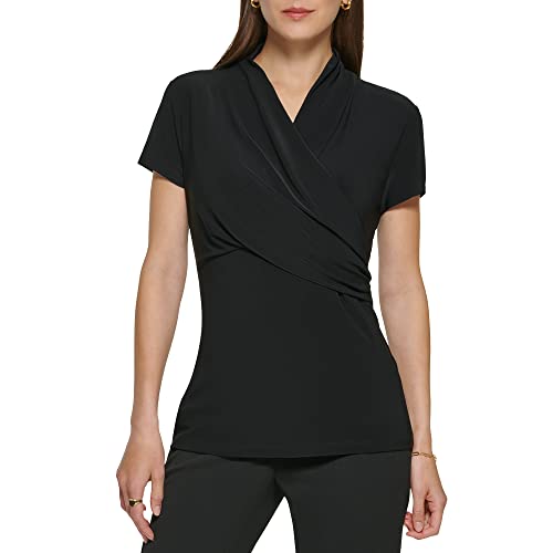 DKNY Women’s Short Sleeve Cross Front Suit Blouse, Black, Medium