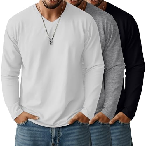 Ficerd 3 Pack Men's Big and Tall Shirts Long Sleeve Cotton Tee