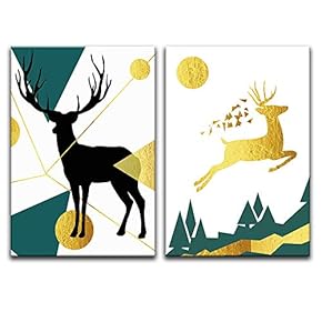 Canvas Wall Art Abstract Golden Deers Painting Artwork for Home Prints Framed - 16"x24" x 2 Panels