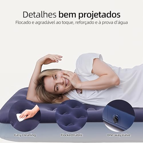 Colchão Inflável Solteiro Azul 186x96x22cm, Colchão de Ar em PVC com Revestimento de Flanela, Colchonete Inflável com Estrutura Honeycomb