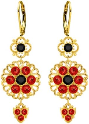24K Yellow Gold over .925 Sterling Silver Flower Shaped Earrings by Lucia Costin with Lace Ornaments, Black and Red Swarovski Crystals, Ornate with 4 Petal Flower and Fancy Charms; Handmade in USA