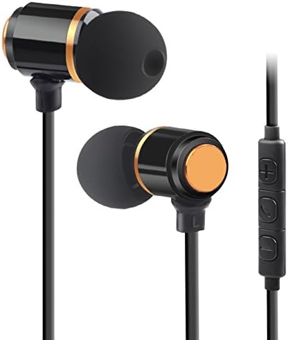 Metal Earphones with Microphone,Tangle Free Flat Cord Clear Sound Headphones in Ear Earbuds with Mic and Volume Control for iPhone Samsung Android Mobiles iPad Tablets MP3 Player (Gold)