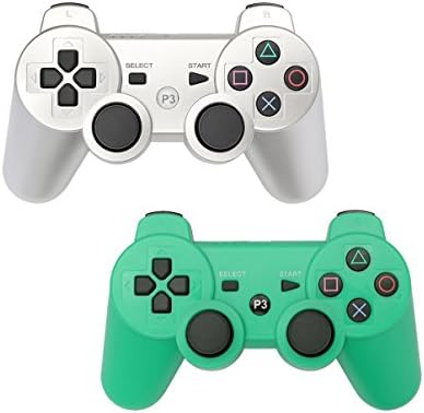HBetterTech PS3 Controller 2 Pack Wireless Bluetooth Six Axis Controllers Gamepad for PlayStation 3 Dualshock 3 (1Silver + 1Green)