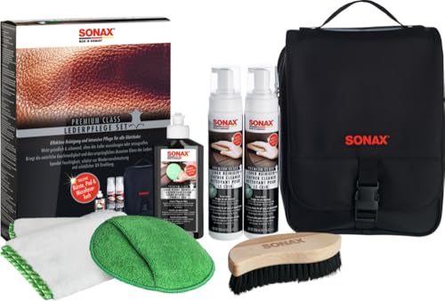 SONAX PREMIUM CLASS LederPflegeSet (3x 250 ml) inkl. 2x LederReiniger, 1x LederPflegeCreme, 1x MicrofaserTuch, 1x MicrofaserPflegePad, 1x Intensivrein