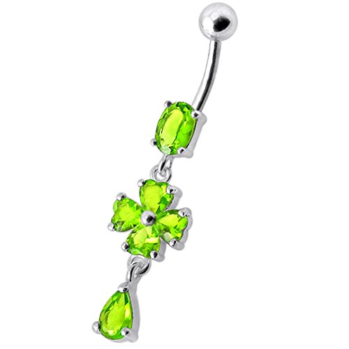 Peridot Green CZ Stone Oval with Flower and Teardrop Dangling Design 925 Sterling Silver Belly Button Piercing Ring Jewelry